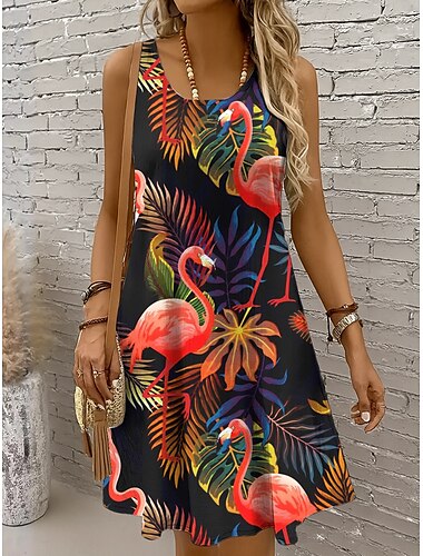  Damen Minikleid Sommerkleid A Linie Kleid Schulterfreies Kleid Urlaub Lässig Ferien Strand Normale Passform Blumen Grafik Vogel Ärmellos Rundhalsausschnitt Magenta Rosa Purpur Orange Sommer
