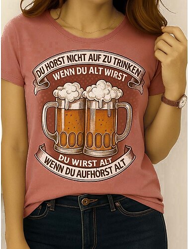  Oktoberfest Naisten T-paita Kuvitettu Kirjain Vintage Tyylikäs Klassinen Lyhythihainen Tiukka pyöreä kaula-aukko Pyöreä kaula-aukko Tavalliset topit Päivittäin Viikonloppu Painettu Musta Punastuvan