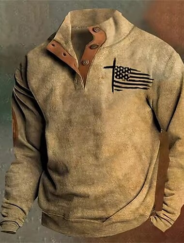  Herren Sweatshirt Armeegrün Braun Khaki Stehkragen Grafik Kreuz Amerikanische Flagge Druck Täglich Ferien Ausgehen Polyester Streetwear Lässig Herbst Winter Bekleidung Kapuzenpullover Sweatshirts