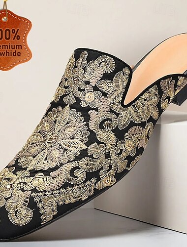  Mules noires en cuir de vachette premium pour hommes avec broderie florale dorée – chaussures de luxe à enfiler pour les soirées formelles, les cocktails et les occasions spéciales