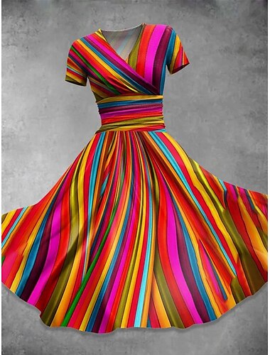  Damen Midikleid Shiftkleid Sommerkleid Elegant Urlaub Lässig Normale Passform Blumen Grafik Kurzarm V Ausschnitt Rote Blau Leicht Blau Sommer Frühling