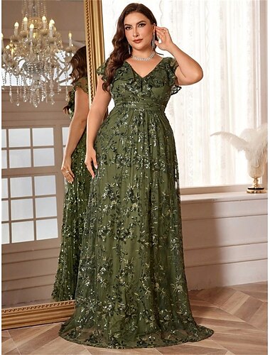  A-linje Plus Size Klänningar Elegant Kurva Klänning Formell Bröllop Golvlängd Kort Ärmar V-ringning Polyester V Rygg med Paljetter 2025