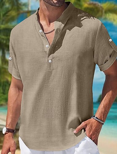  Per uomo Camicia Camicia di lino Camicia Estiva Abbigliamento da spiaggia Semplice Vacanza Casuale Blu Verde Cachi Beige Manica Corta Collo alla coreana Estate Primavera & Estate Abbigliamento Blocco