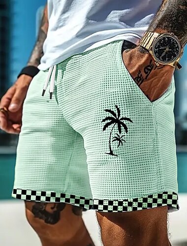  Herren Kokospalme Schachbrett Karo / Karomuster Waffel-Shorts Sweat-Shorts Freizeitshorts Mittlere Taille Hawaiianisch Urlaub Joggen Trainieren Elastischer Kordelzug in der Taille Shorts mit Taschen