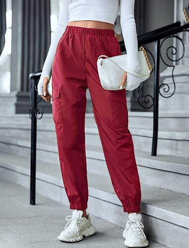 Damen Cargo-Hosen Stoffhosen Mode Streetwear Volle Länge Natürliche Taille Einfach Tasche Elastischer Bund Bequem Außenbereich Straße Ausgehen Wein Schwarz Rosa Sommer Normale Passform