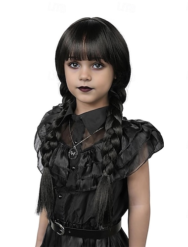  lange Zopfperücke mit Pony schwarze geflochtene Perücke Mädchen Halloween Kostüm Perücken für Kinder