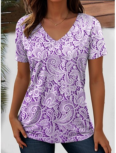  Damen T Shirt Blumen Grafik Pflanzen Vintage Mode Hawaiianisch Kurzarm V Ausschnitt Normale Oberteile Täglich Ausgehen Wochenende Druck Rosa Blau Purpur Grün cremefarben Sommer Frühling