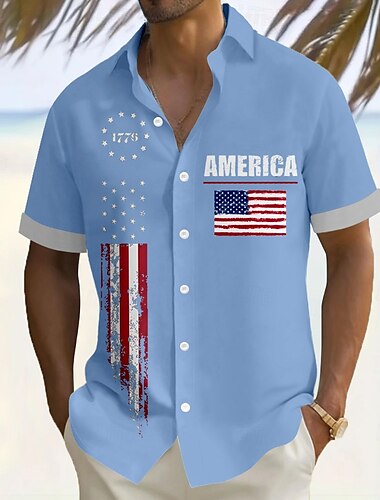  Tag der Unabhängigkeit Herren Amerikanische US-Flagge Patriotisch 1776 Hemd Sommerhemd Knopfhemd Kurzarm Modisch lässig Outdoor Urlaub Alltagskleidung Sommer Umlegekragen 3D-Druck Leinenähnliches Hemd