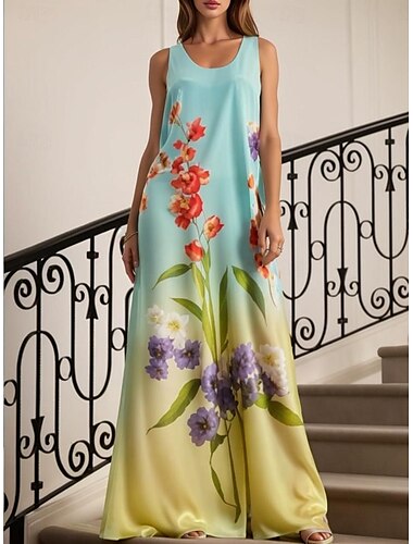  Damen Weiß Champagner Blau Sommer Frühling Maxikleid A Linie Kleid Urlaub Lässig Strand Formell Hochzeit Alltagskleidung Normale Passform Blumen Grafik Rundhalsausschnitt
