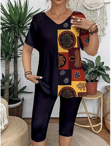  Damen Mode T Shirt Shorts-Sets Kurzarm V Ausschnitt Blumen Grafik Leopard Druck Alltagstauglich Schwarz Gold Grün Sommer Normale Passform