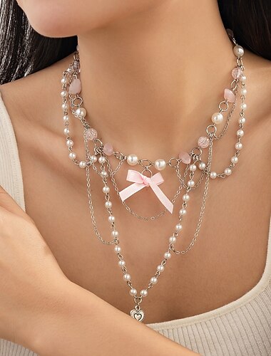  Pearl Necklace Pearl Women's Elegant Cute Artistic Tassel Fringe Bowknot Wedding Drops Necklace For Wedding Party Gift