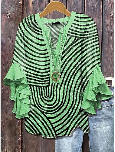  Dames Blouse Grafisch Gestreept Dagelijks Stijlvol Casual 3/4 mouw V-hals Normale tops Dagelijks Feestdagen Vakantiekleding Afdrukken blauw Paars Groen Khaki Zomer Lente