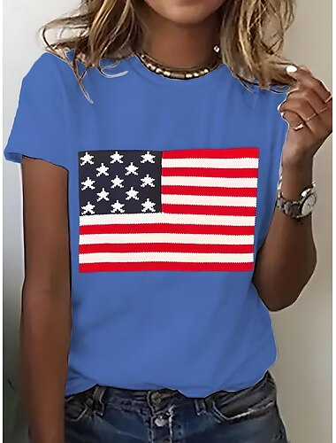  Amerikanischer Unabhängigkeitstag Damen T Shirt Grafik Flagge Nationalflagge Vintage Stilvoll Klassisch Kurzarm Rundhalsausschnitt Rundhals Normale Oberteile Täglich Druck Schwarz Weiß Rosa Blau
