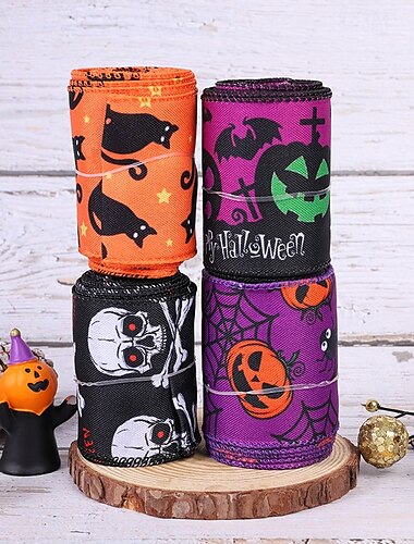  Halloween-säkkikankaasta tehdyt nauharullat hämähäkkikuviolla, reunanauhat askarteluun, halloween-seppeleet, lahjapakkaukset ja juhlakoristeet