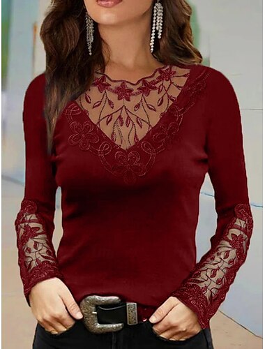  Damen Oberteil mit Spitzenspleiß Einfarbig Elegant Stilvoll Basic Langarm Rundhalsausschnitt Normale Oberteile Täglich Spitze Netz Patchwork Schwarz Wein Marineblau Sommer Frühling