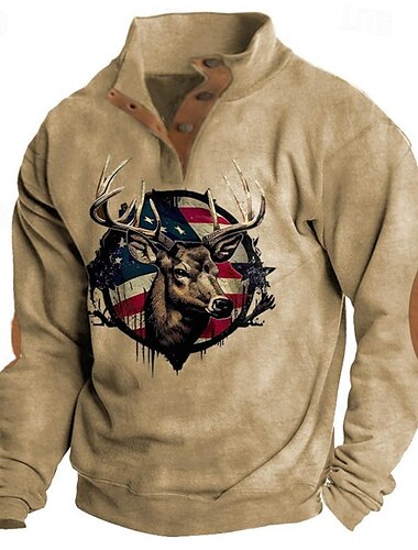  Herren Sweatshirt Marineblau Braun Stehkragen Grafik Rentier Amerikanische Flagge Druck Täglich Ferien Ausgehen Polyester Streetwear Lässig Herbst Winter Bekleidung Kapuzenpullover Sweatshirts