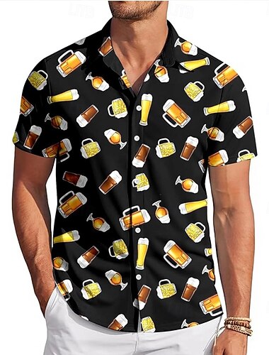  Herren Optische Täuschung Oktoberfest-Bier Hemd Sommerhemd Knopfhemd Kurzarm Hawaiianisch Outdoor Ferien Sommer Frühling Umlegekragen 3D-Druck Hemden mit Kragen Schwarz Gelb Orange