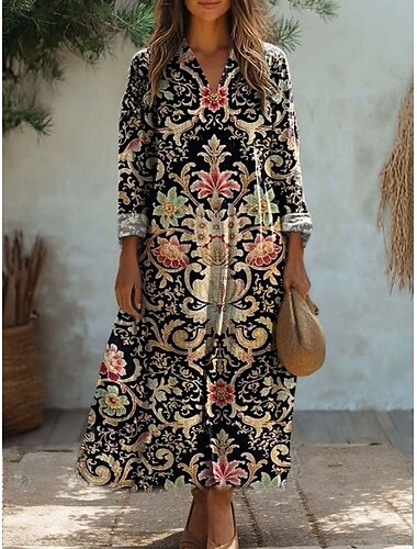  Femmes Robe Midi Robe d'Été Robe trapèze Vacances Occasionnel Sortir Coupe Ample Fleuri Graphique Paisley manche longue Col en V Noir Jaune Rose Claire Bleu Printemps Automne