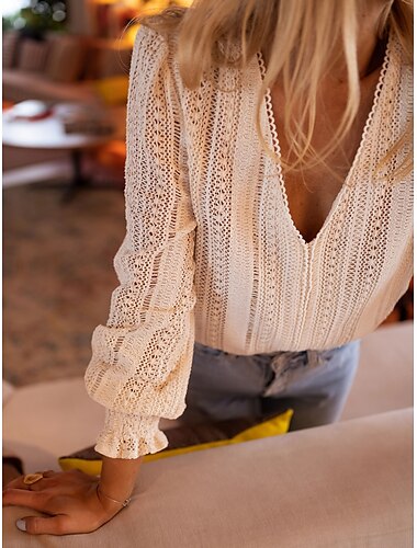  Damen Bluse Einfarbig Stilvoll Lässig Langarm V Ausschnitt Normale Oberteile Täglich Spitze Patchwork Aprikose Sommer Frühling