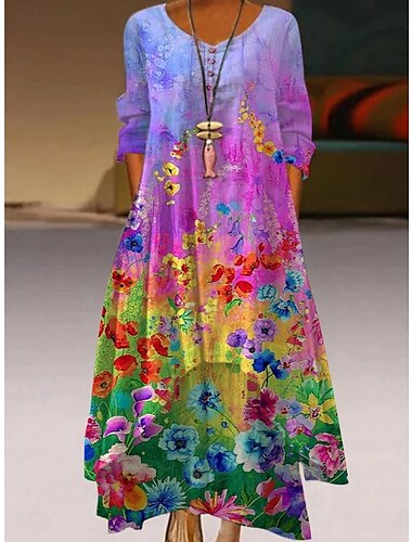  Damen Maxikleid A Linie Kleid Urlaub Lässig Outdoor Ausgehen Lässiger Schnitt Blumen Langarm V Ausschnitt Dunkelviolett Blau Purpur Aprikose Herbst