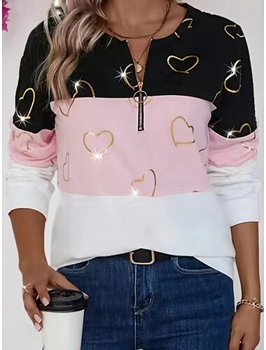  Mujer Sudaderas con cremallera Corazón Geométrico A Rayas Casual Manga Larga Cuello Barco Tops regulares Calle Uso Diario Casual Cremallera Estampado Rosa Otoño Invierno