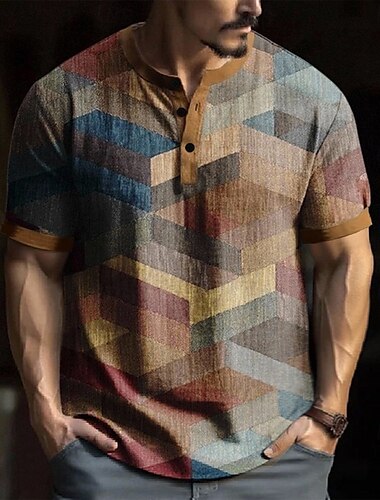 Hombre Diseño Geométrico Impreso Camiseta Henley Shirt Manga Corta Design Retro Antiguo Casual Calle Casual Diario Verano Primavera Caqui Henley Camiseta Henley