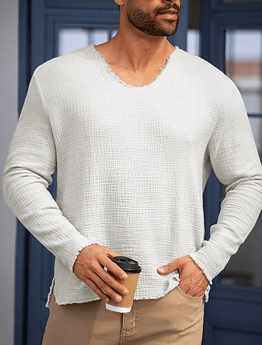  Hombre Camiseta Tee Camiseta superior Camisa de manga larga Manga Larga Escote en Pico Verano Primavera Plano Moda Design Básico Clásico Vacaciones Calle Noche Marrón oscuro Negro Blanco Camiseta
