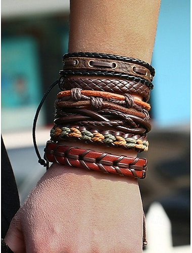  Mehrlagiges Lederarmband-Set für Herren – gewebte Boho-Tribal-Armbänder mit verstellbarer Passform für lässige Outfits und Musikfestivals