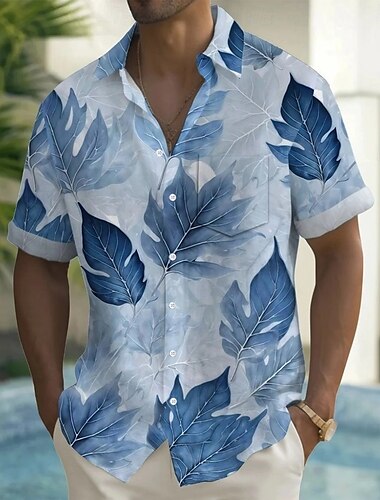  Herren Palmblatt Tropische Pflanzen Sommer Hawaiihemd Knopfhemd Alohahemd Kurzarm Hawaiianisch Ferien Strandbekleidung Sommer Frühling Umlegekragen 3D-Druck Hemden mit Kragen Eine Tasche vorne Blau