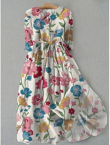  Damen Midikleid Shiftkleid Lässig Täglich Normale Passform Blumen Grafik Halbarm Hemdkragen Rosa Blau Grün Aprikose Sommer Frühling