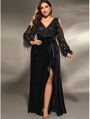  A-Linie Abendkleid Elegant Kleid Formell Hochzeit Bodenlang Langarm V Ausschnitt Paillettenbesetzt mit Paillette Schlitz 2025