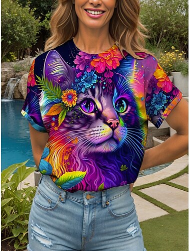  女性用 Tシャツ フラワー グラフィック 動物 ヴィンテージ スタイリッシュ クラシック 半袖 クルーネック ラウンドネック レギュラートップス 日常 週末 プリント イエロー ルビーレッド ブルー パープル グリーン 夏 春