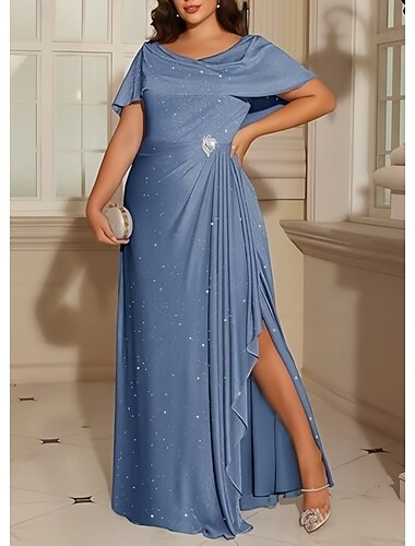  Robes D'invitée de Mariage A-Ligne Élégante Robe D'invitée de Mariage Engagement Longueur Totale Manches Courtes Col Ronde Tissu Lurex avec Plis Cristaux