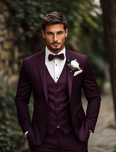  Abiti da uomo per feste di matrimonio, bordeaux, viola, alla moda, formali, tinta unita, vestibilità standard, 3 pezzi, monopetto, un bottone