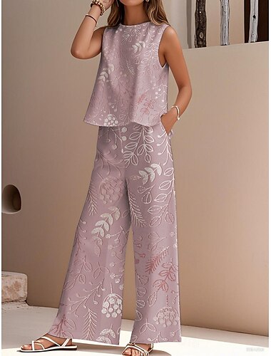  Completo due pezzi elegante da donna, stile streetwear, con camicetta, gilet, pantaloni, senza maniche, girocollo, casual, da lavoro, per attività all'aperto, con stampa floreale, per le vacanze, quotidiano, rosa, blu, viola, estivo, vestibilità regolare.