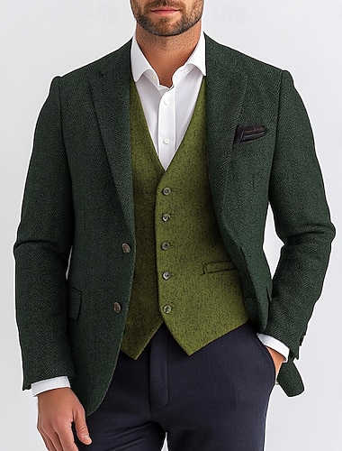  Herren Tweed Blazer Wolle Fischgrät Blazer braun grün grau Retro Büro Standard Passform einreihig zwei Knöpfe