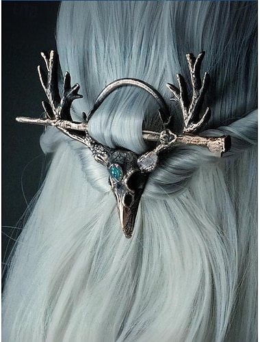  Gothic-Haarspange aus Geweih für Damen – Vintage-Haarnadel aus Metalllegierung mit Hirschschädel und blauem Stein für Halloween-Partys, Cosplay und Retro-Anlässe