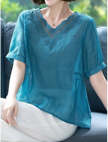  Mulheres Camisas de algodão e linho Côr Sólida Elegante à moda Básico Manga Curta Decote V Tops regulares Diário Bordado Azul Verão Primavera