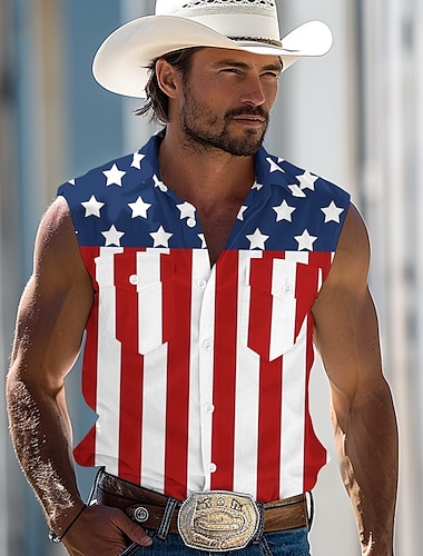  Día de la Independencia Hombre Bandera estadounidense de los Estados Unidos Patriótico Cuatro de julio Camisa camisa occidental Camisa vaquera Sin Mangas Moda informal Festivos Verano Primavera