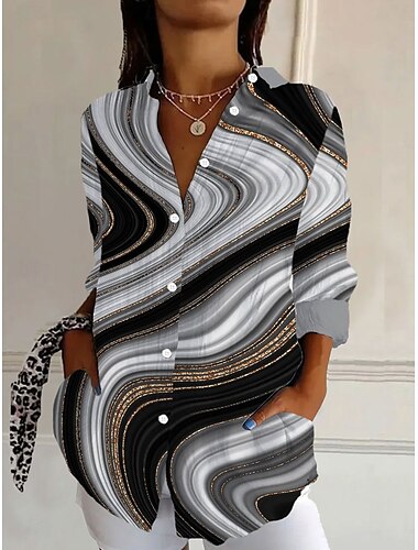  Femmes Chemise Graphique Marbre Quotidien Élégant Occasionnel manche longue Col de chemise Hauts Réguliers Quotidien Fête Boutons Imprimé Jaune Rose Claire Bleu Vert Été Printemps