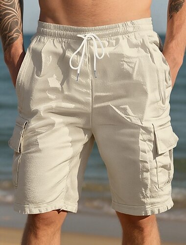  Hombre Pantalón Corto Cargo Pantalones cortos de lino Pantalones cortos de verano Pantalones cortos de playa Correa Cintura elástica Multi bolsillo Plano Comodidad Transpirable Longitud de la rodilla