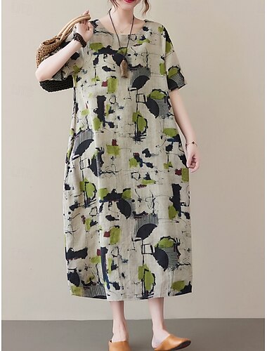  Damen Maxikleid Sommerkleid Lässig Täglich Normale Passform Grafik Kurzarm Rundhalsausschnitt Grau Sommer