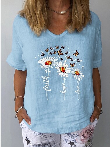  Damen T Shirt Blumen Grafik Pflanzen Vintage Stilvoll Klassisch Kurzarm V Ausschnitt Normale Oberteile Täglich Wochenende Druck Weiß Gelb Marineblau Blau Grau Sommer