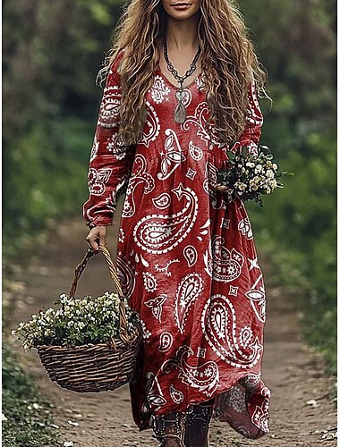  Dames Maxi-jurk A lijn jurk Vakantie Casual Boho Uitgaan Strand Ruim Passend Bloemig Grafisch Paisley Lange mouw V-hals Rood blauw Groen Grijs Zomer Lente