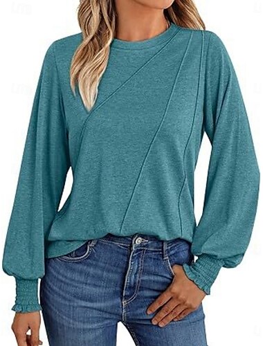  Damen Bluse Einfarbig Stilvoll Lässig Langarm Rundhalsausschnitt Normale Oberteile Täglich Rosa Wein Blau Grün Frühling Herbst