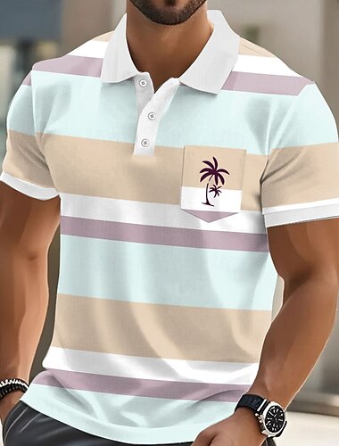  Herren Horizontale Streifen Palme Polo Kurzarm Polo-Shirts Hemden mit Kragen Lässig Resort Athleisure Alltagskleidung Urlaubskleidung Tasche 3D-Druck Knöpfe Sommer Gelb Rosa Blau