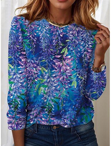  Damen T Shirt Ombre Pflanzen Lässig Langarm Rundhals Normale Oberteile Täglich Druck Rosa Blau Himmelblau Staubiges Blau Leicht Blau Frühling Herbst