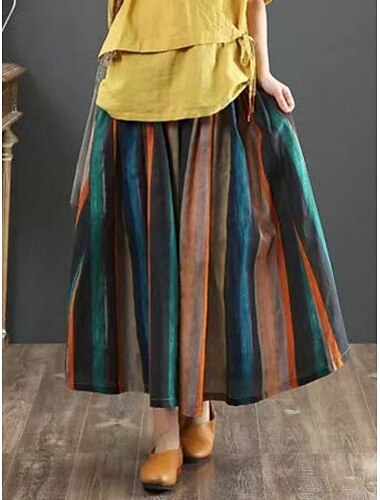  Damen Rock A-Linie Mode Lässig Maxi Hohe Taille Röcke Gestreift Tasche Druck Mikroelastisch Straße Täglich Rote Sommer Polyester