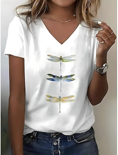  Dames T-shirt Grafisch dier Brief Casual Korte mouw V-hals Normale tops Dagelijks Uitgaan Strand Kleding Afdrukken Zwart Wit Grijs Zomer Lente