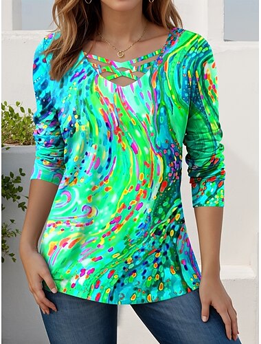  Damen T Shirt Grafik Geometrisch Abstrakt Stilvoll Modern Lässig Langarm V Ausschnitt Normale Oberteile Täglich Ausschnitt Druck Rote Blau Purpur Grün Frühling Herbst